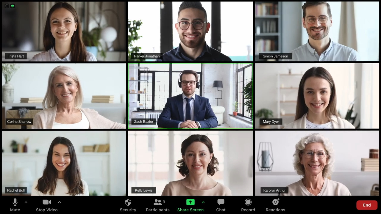 Close up of a screen open to 9 people on a video call